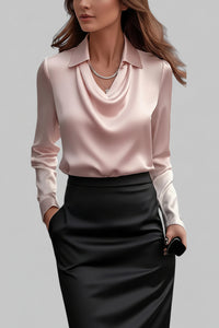 Elegant Long Sleeve Satin Blouse with Draped Neck for Women 2