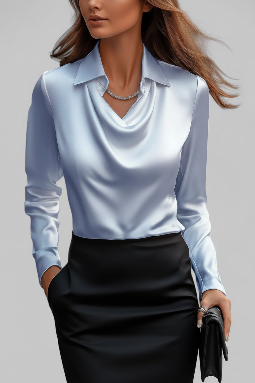 Elegant Long Sleeve Satin Blouse with Draped Neck for Women 5