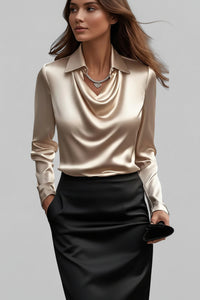 Elegant Long Sleeve Satin Blouse with Draped Neck for Women 9