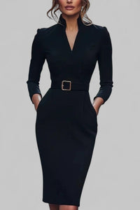 Elegant Sheath Midi Dress with Structured Collar & Belted Waist 0