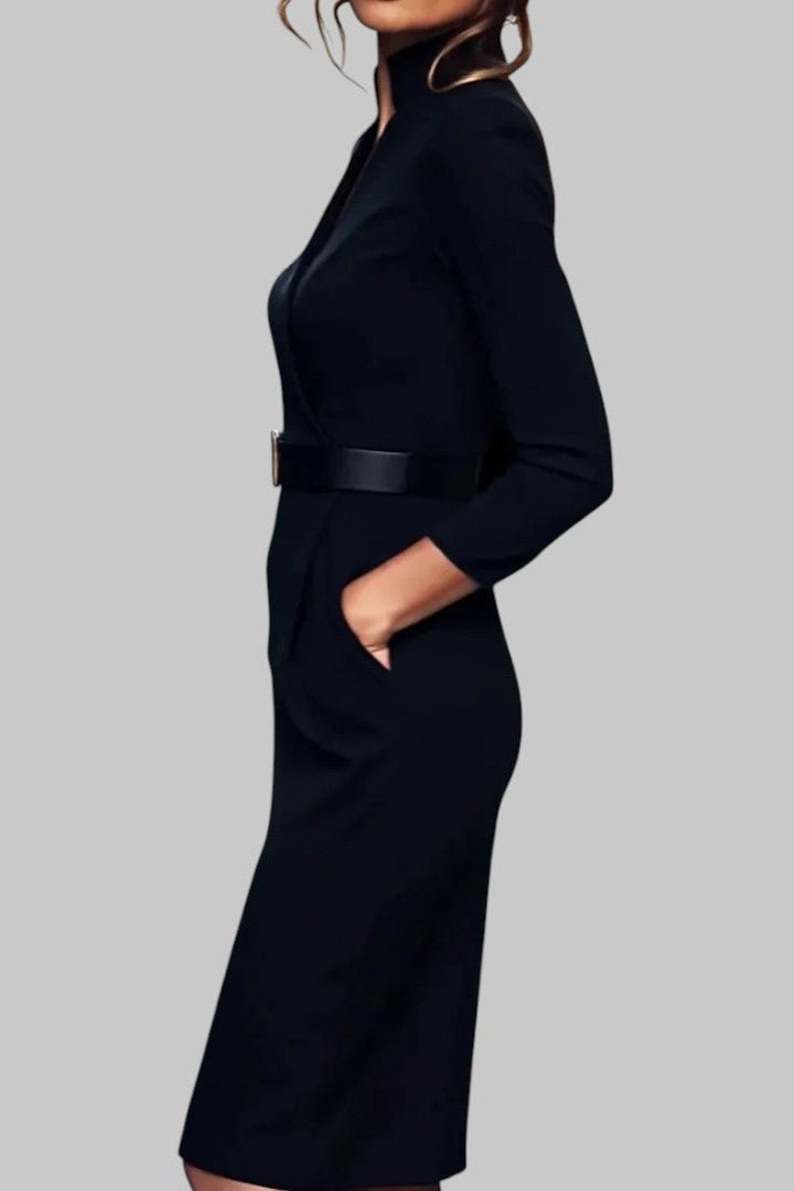 Elegant Sheath Midi Dress with Structured Collar & Belted Waist 1