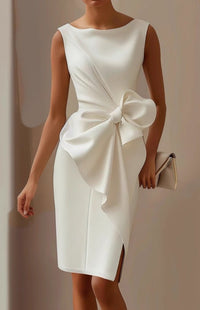 Elegant Sleeveless Wedding Guest Dress with Oversized Bow and Draped Design 6