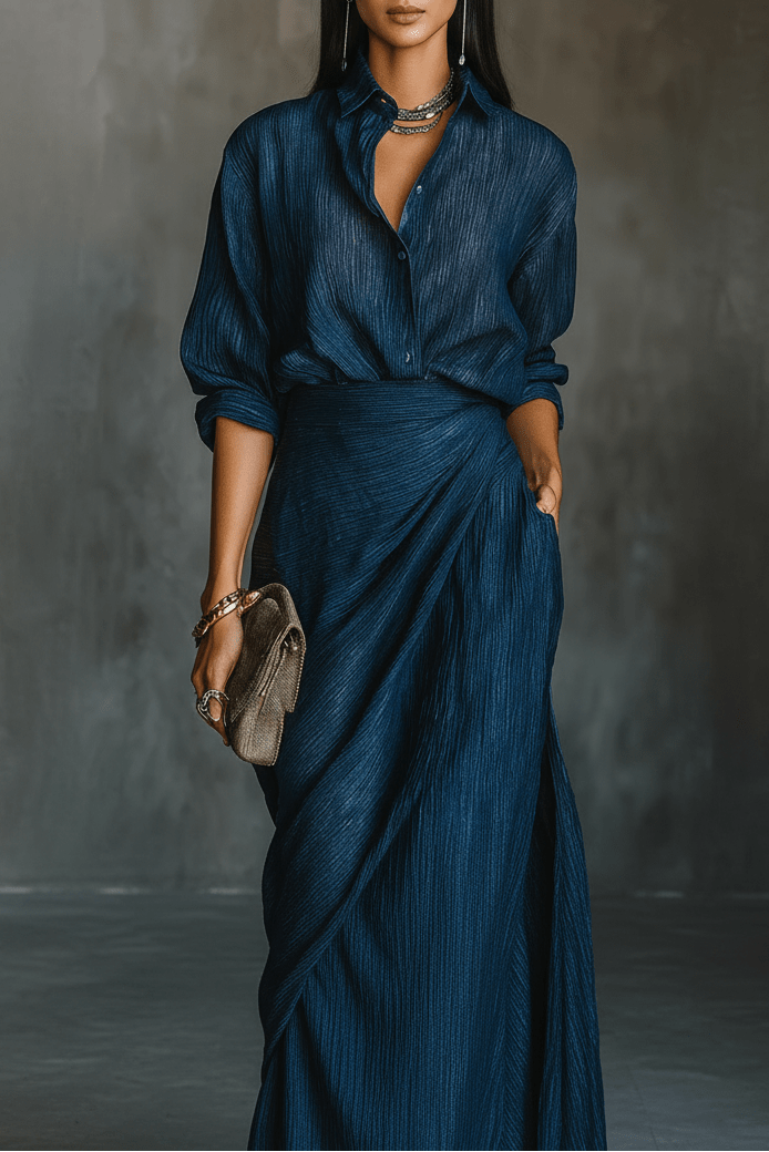 Elegant Two Piece Sets for Women - Tailored Shirt and Flowing Long Skirt 1