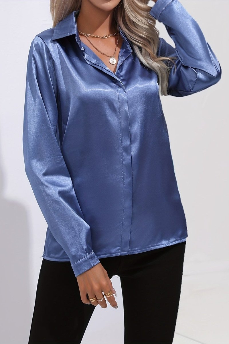 Elegant Women's Long Sleeve Satin Blouse with Classic Button Down Design 8