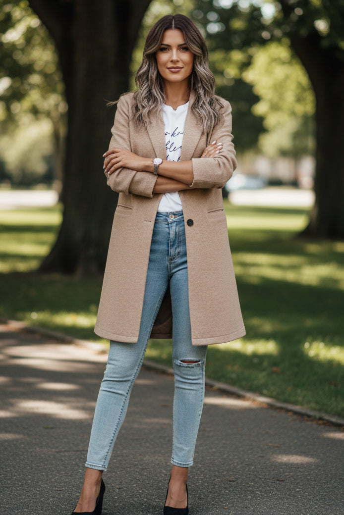 Elegant Women's Mid-Length Coat with Button Closure, Pockets & Tailored Fit 0