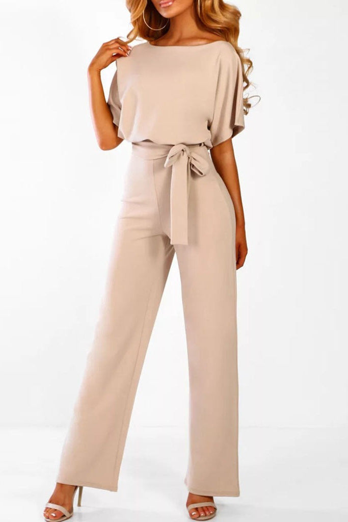 Elegant Women's Short-Sleeve Jumpsuit with Adjustable Tie Belt for Chic Comfort 0
