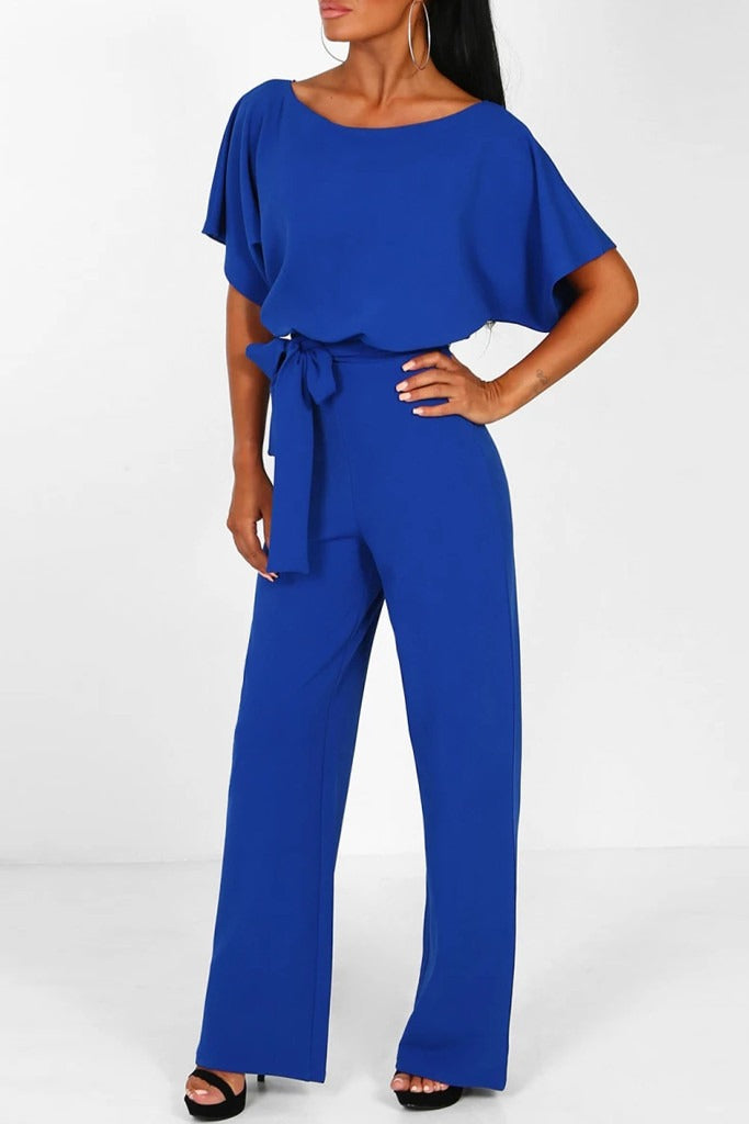 Elegant Women's Short-Sleeve Jumpsuit with Adjustable Tie Belt for Chic Comfort 2