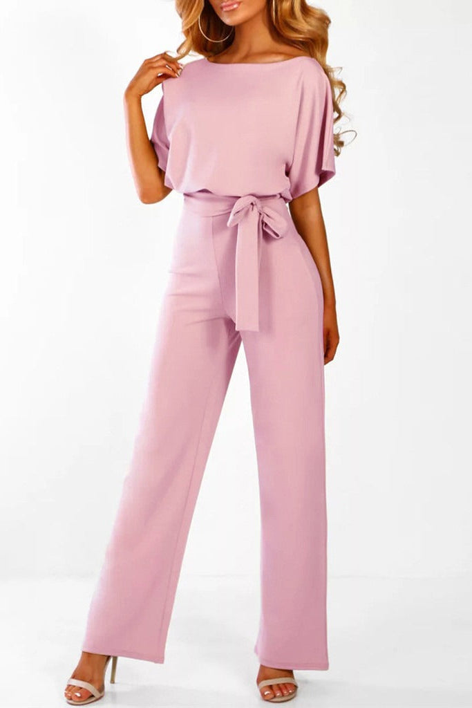 Elegant Women's Short-Sleeve Jumpsuit with Adjustable Tie Belt for Chic Comfort 4