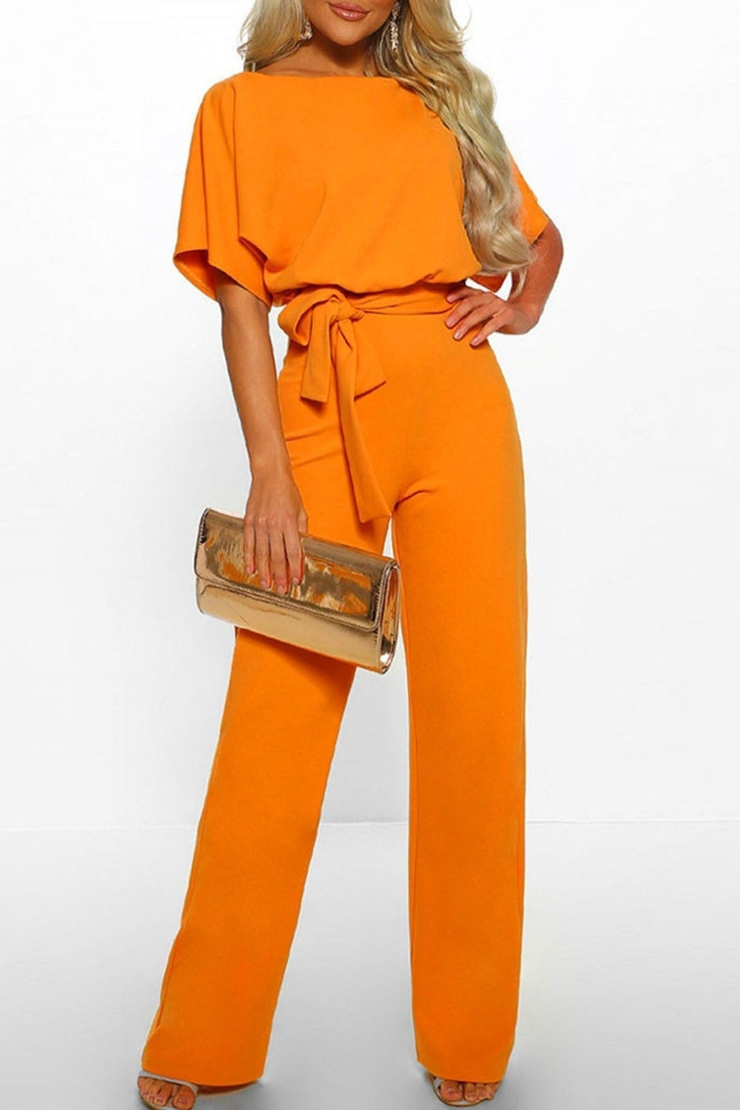 Elegant Women's Short-Sleeve Jumpsuit with Adjustable Tie Belt for Chic Comfort 6