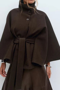 Elegant Women's Short Cape Coat with Funnel Neck & Self-Tie Belt 5