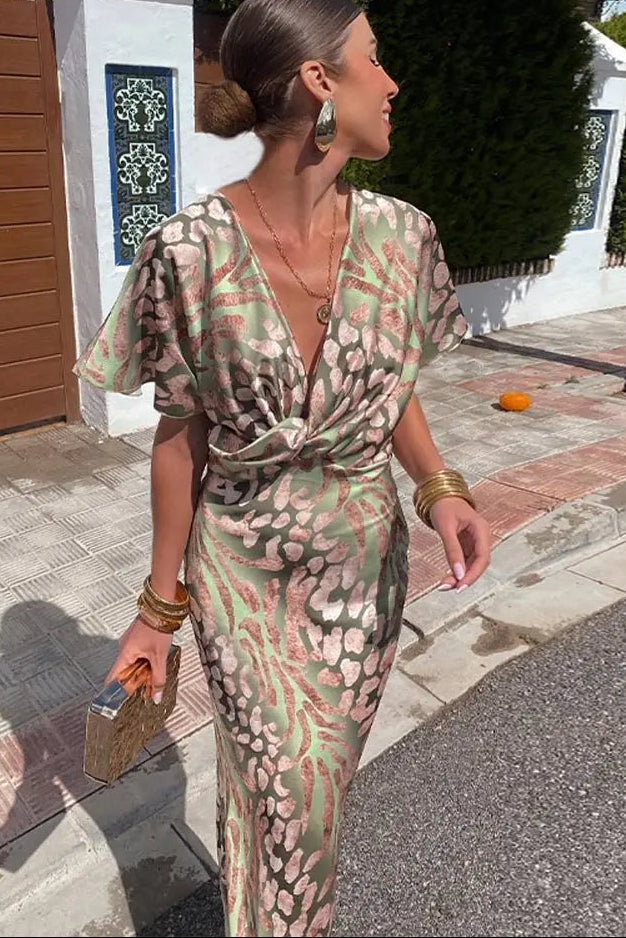 Elegant Women's Summer Midi Dress with V-Neckline and Knot Detail 0