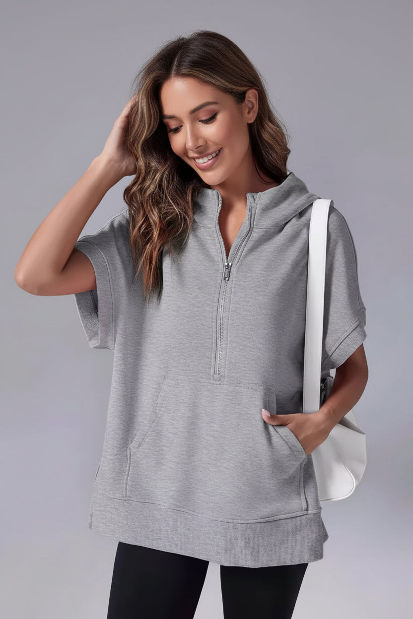 Heidi-Mode Casual Short Sleeve Hoodie with Half Zip and Pockets 1