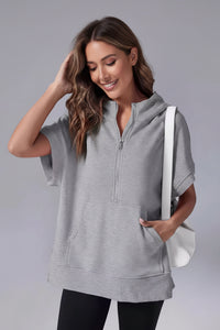 Heidi-Mode Casual Short Sleeve Hoodie with Half Zip and Pockets 1