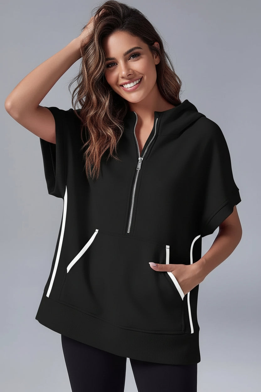 ZIPRELAXA – Casual Short Sleeve Hoodie with Half Zip and Pockets