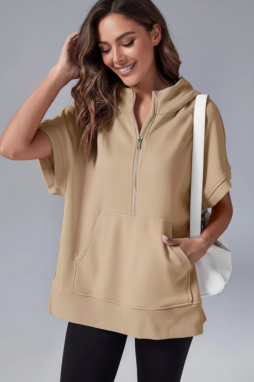 Heidi-Mode Casual Short Sleeve Hoodie with Half Zip and Pockets 4