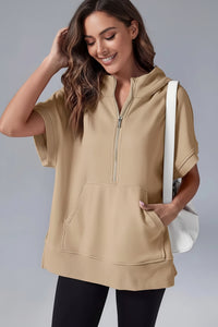 Heidi-Mode Casual Short Sleeve Hoodie with Half Zip and Pockets 4