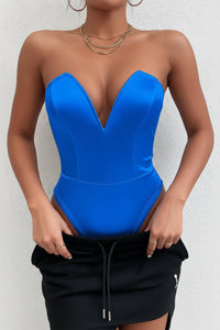 Heidi Fashion - Strapless Satin Bodysuit with V-Neckline for Elegant Style 0