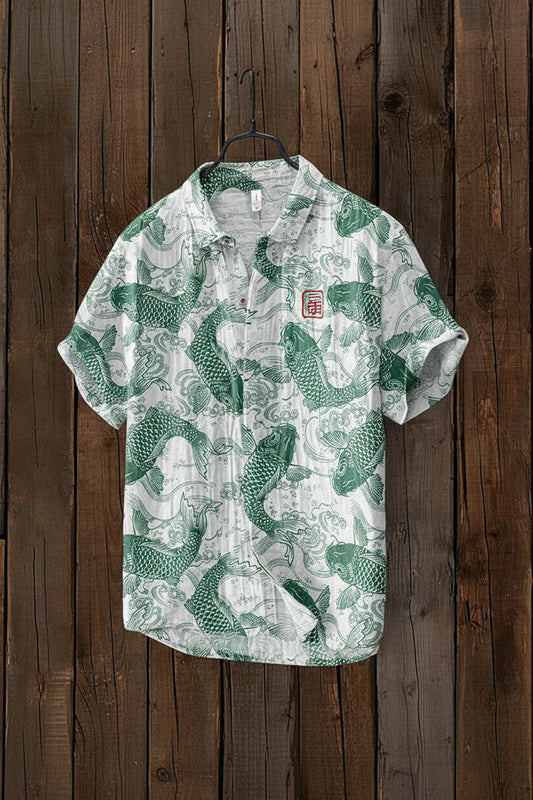 Heidi Mode - Vintage Fish Japanese Art Linen Blend Shirt with Relaxed Fit 3