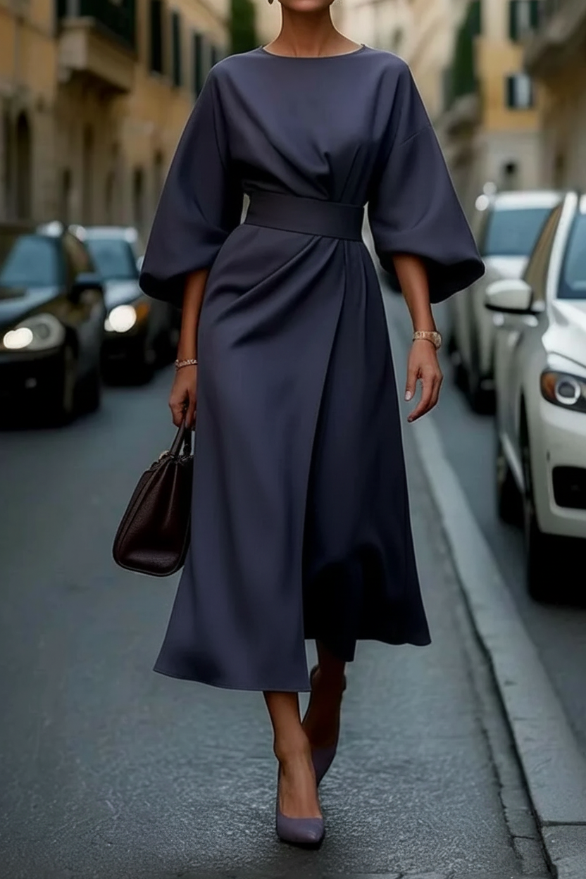 Jasmine Elegant Dress - Women's Lantern Sleeve Cocktail Dress with Belt 0