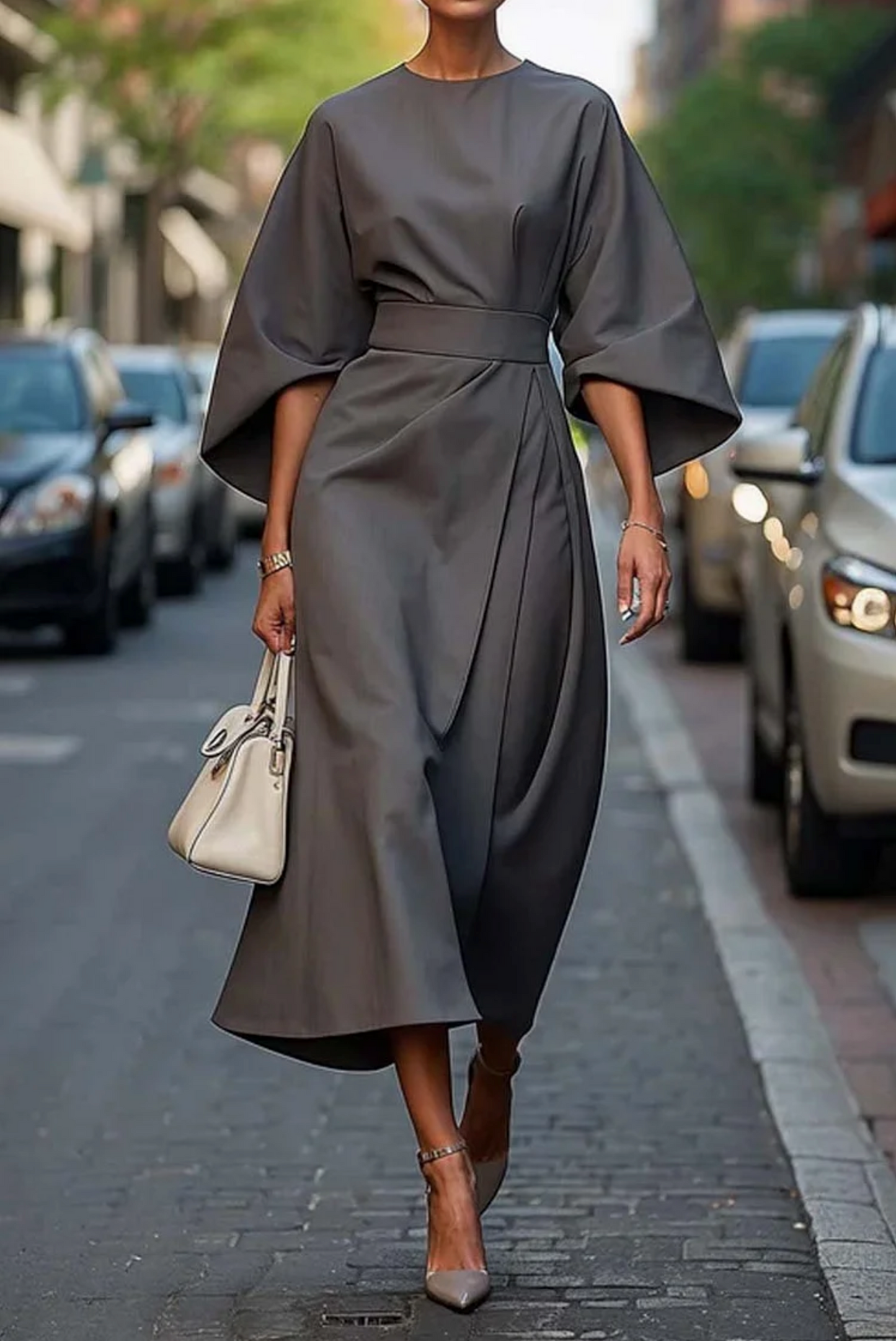 Jasmine Elegant Dress - Women's Lantern Sleeve Cocktail Dress with Belt 5