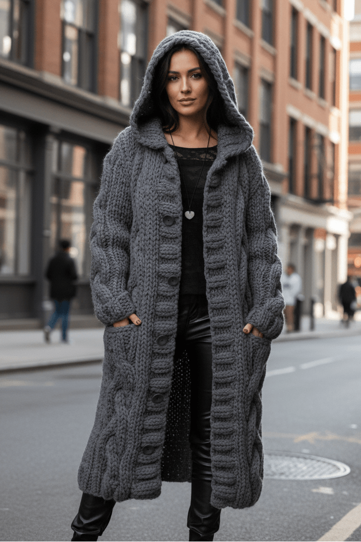 WARMÉA – Chic Oversized Cable Knit Cardigan with Front Buttons for Women
