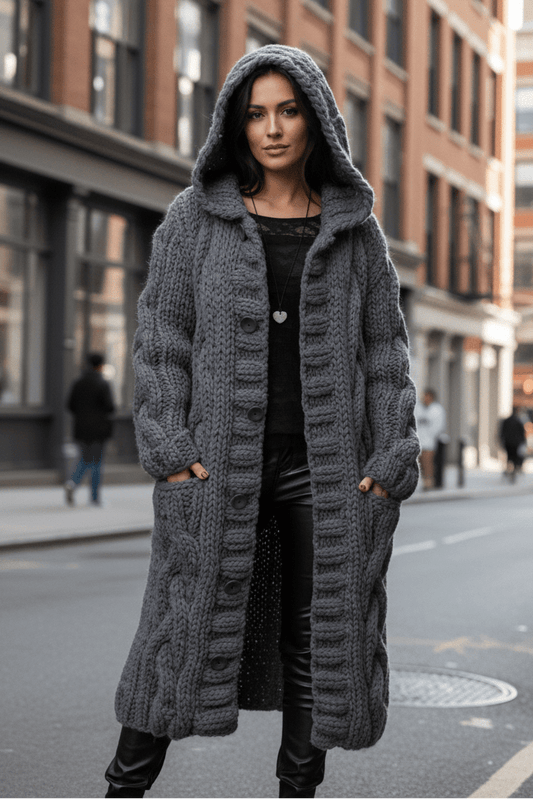 WARMÉA – Chic Oversized Cable Knit Cardigan with Front Buttons for Women