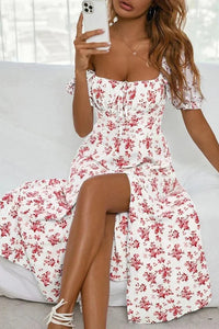 SUNFLEUR – Floral Print Midi Dress for Women with Elegant Puffed Sleeves