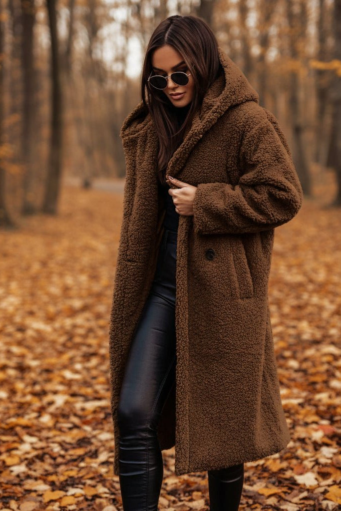 Long Women's Teddy Coat with Hood - Cozy Winter Outerwear for Comfort 2