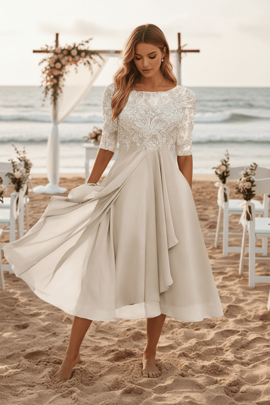 MIDELLE – Chic Midi Dress with Elegant High Waist and Short Sleeves