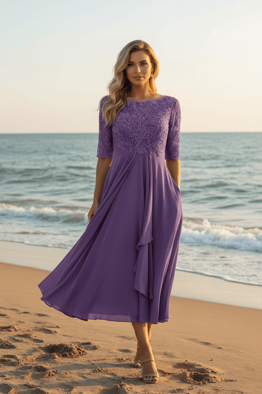 MIDELLE – Chic Midi Dress with Elegant High Waist and Short Sleeves