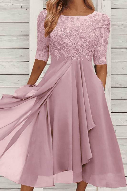 MIDELLE – Chic Midi Dress with Elegant High Waist and Short Sleeves