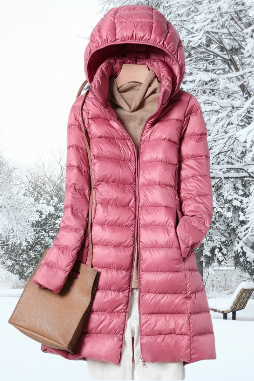 FEATHERA – Women’s Ultralight Down Jacket with Removable Hood & Elegant Design