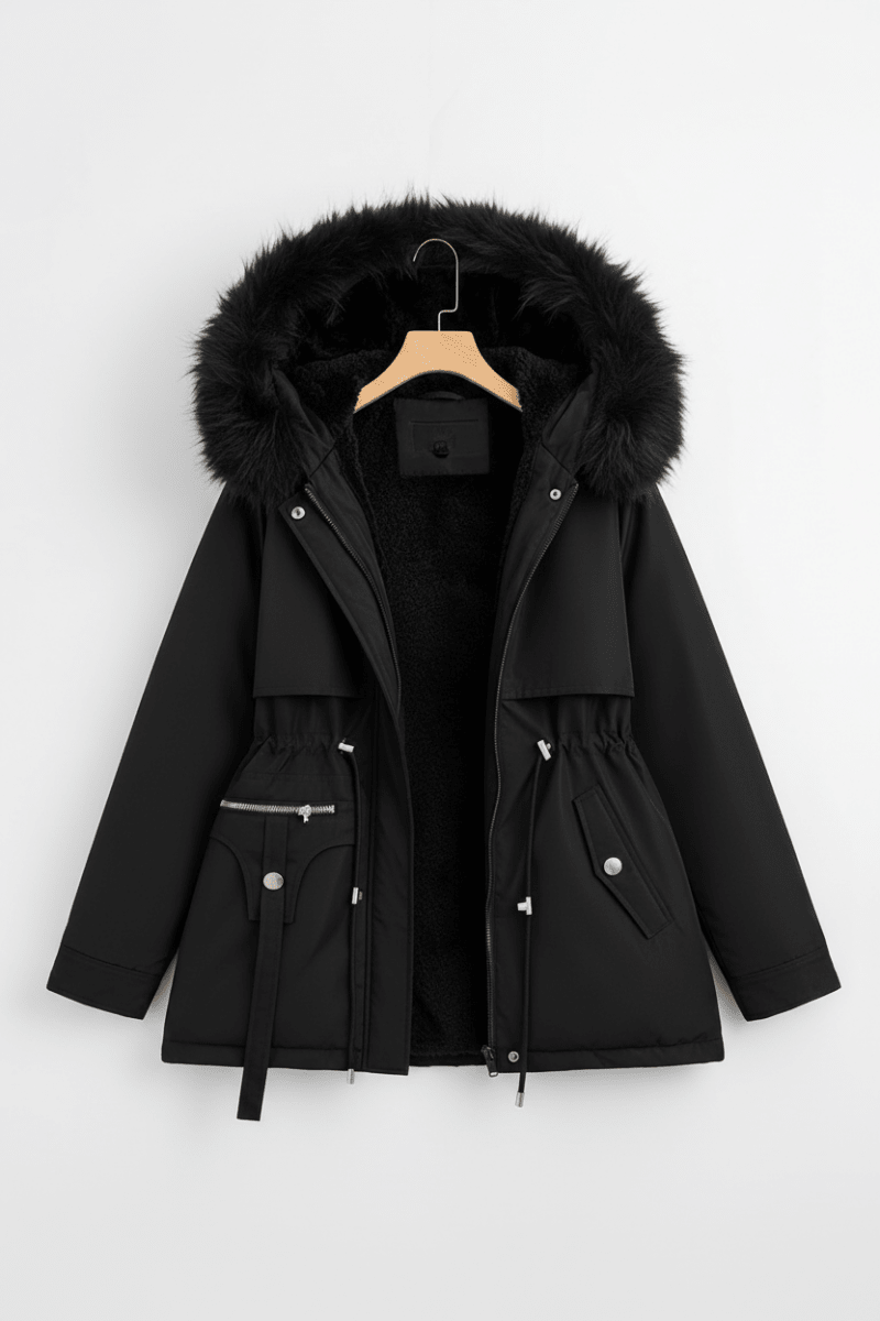 FURBELT – Stylish Plus Size Women’s Jacket with Faux Fur Hood & Adjustable Waist