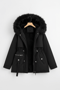 FURBELT – Stylish Plus Size Women’s Jacket with Faux Fur Hood & Adjustable Waist