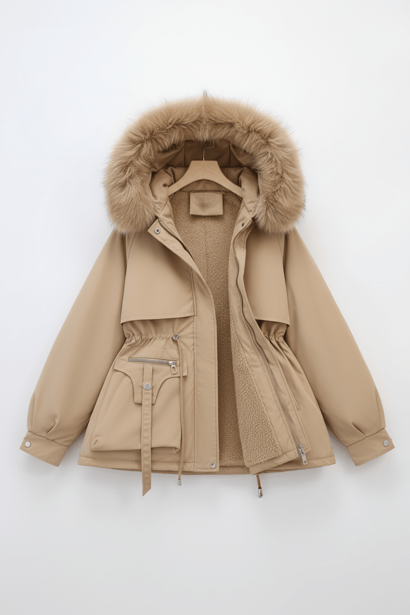 FURBELT – Stylish Plus Size Women’s Jacket with Faux Fur Hood & Adjustable Waist