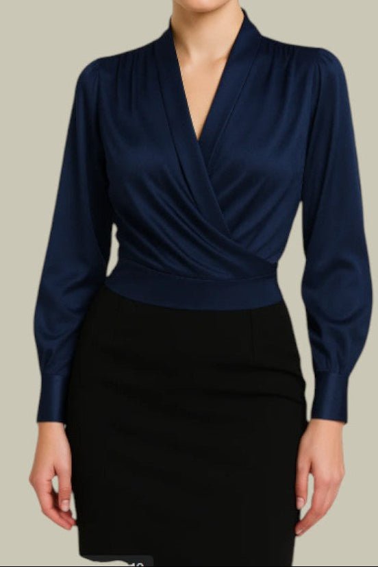 Ruby - Women's Satin Blouse with Wrap Front Design & Long Sleeve Elegance 1