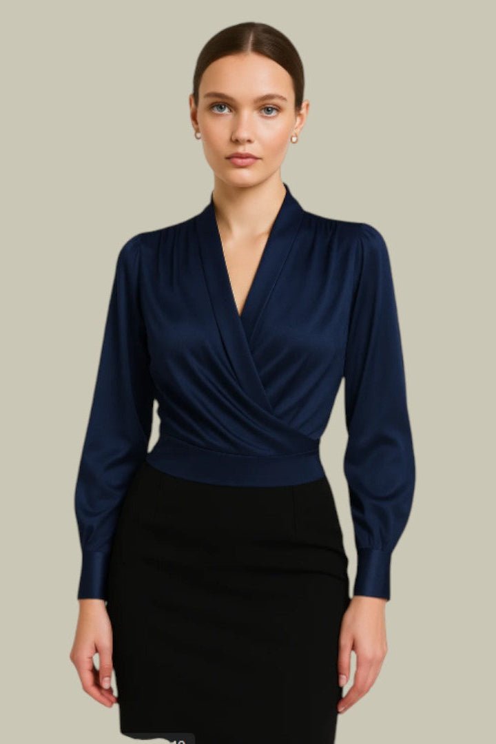 Yuna – Polished Satin Wrap Blouse with Tapered Cuffs and Flow