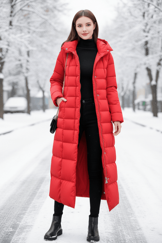 COZYRA – Sleek Long Spring Puffer Jacket with Hood for Women | Warm & Stylish