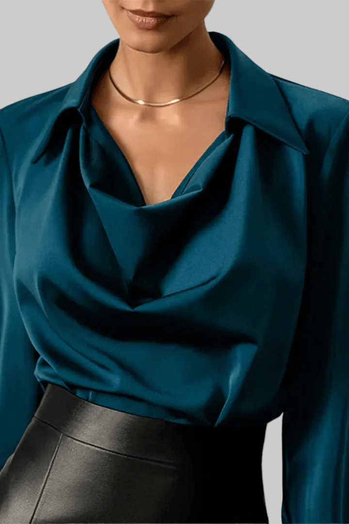 Samantha - Women's Long Sleeve Satin Blouse with Draped Neck for Elegant Style 1