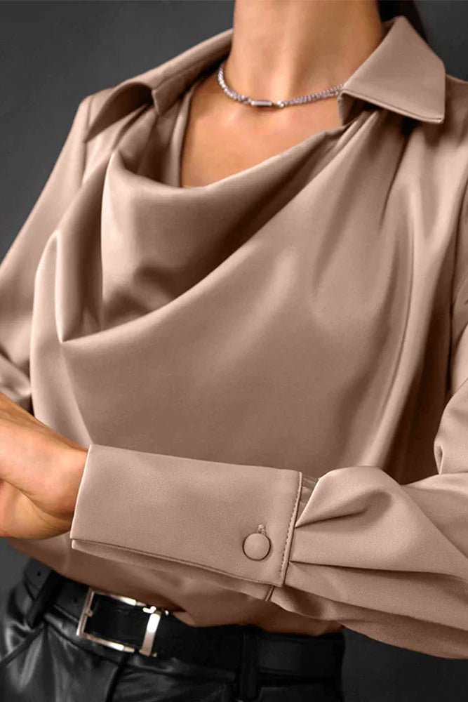 Samantha - Women's Long Sleeve Satin Blouse with Draped Neck for Elegant Style 3