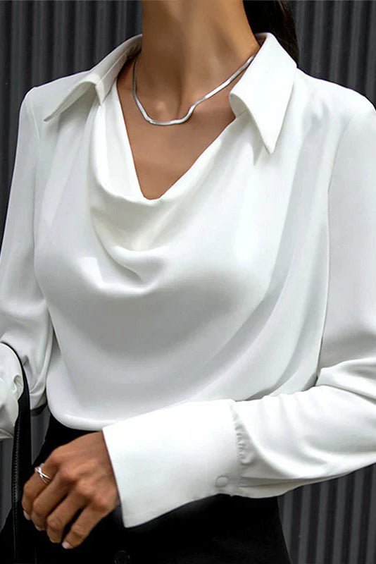 Samantha - Women's Long Sleeve Satin Blouse with Draped Neck for Elegant Style 5