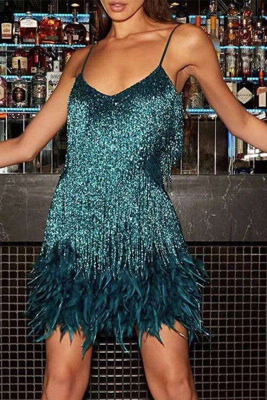 Samba - Elegant Sequin Cocktail Dress with Feather Hem for Ladies Parties 4