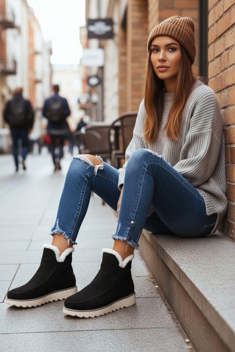 VELFUR – Women's Cozy Fur Lined Spring Ankle Boots with Chunky Platform Sole