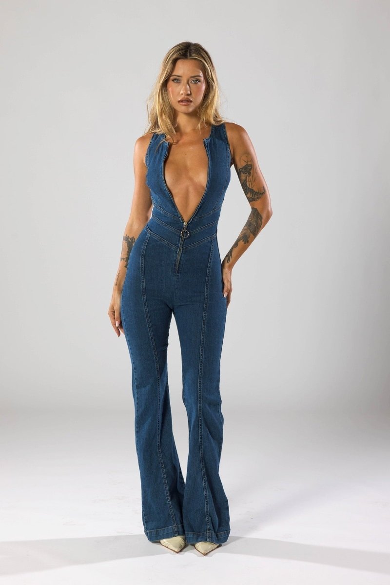 Stylish Denim Jumpsuit for Women - Deep V-Neck & Flared Legs, Tailored Fit 0
