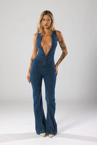 Stylish Denim Jumpsuit for Women - Deep V-Neck & Flared Legs, Tailored Fit 0