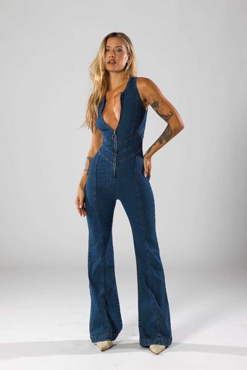 Stylish Denim Jumpsuit for Women - Deep V-Neck & Flared Legs, Tailored Fit 3