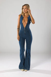 Stylish Denim Jumpsuit for Women - Deep V-Neck & Flared Legs, Tailored Fit 4