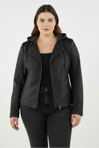 LEATHORIA – Stylish Women’s Leather Jacket with Removable Hood in Plus Size