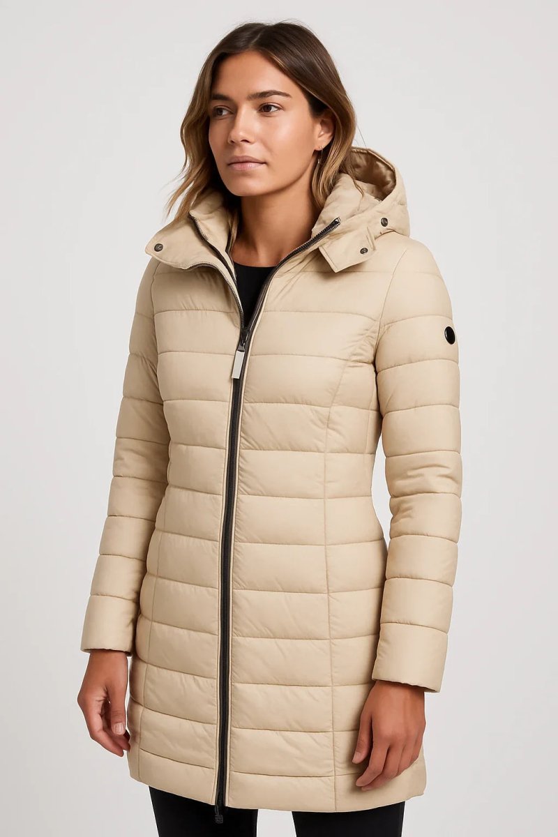 Stylish Women's Mid-Length Quilted Puffer Coat with Detachable Hood for Winter 4