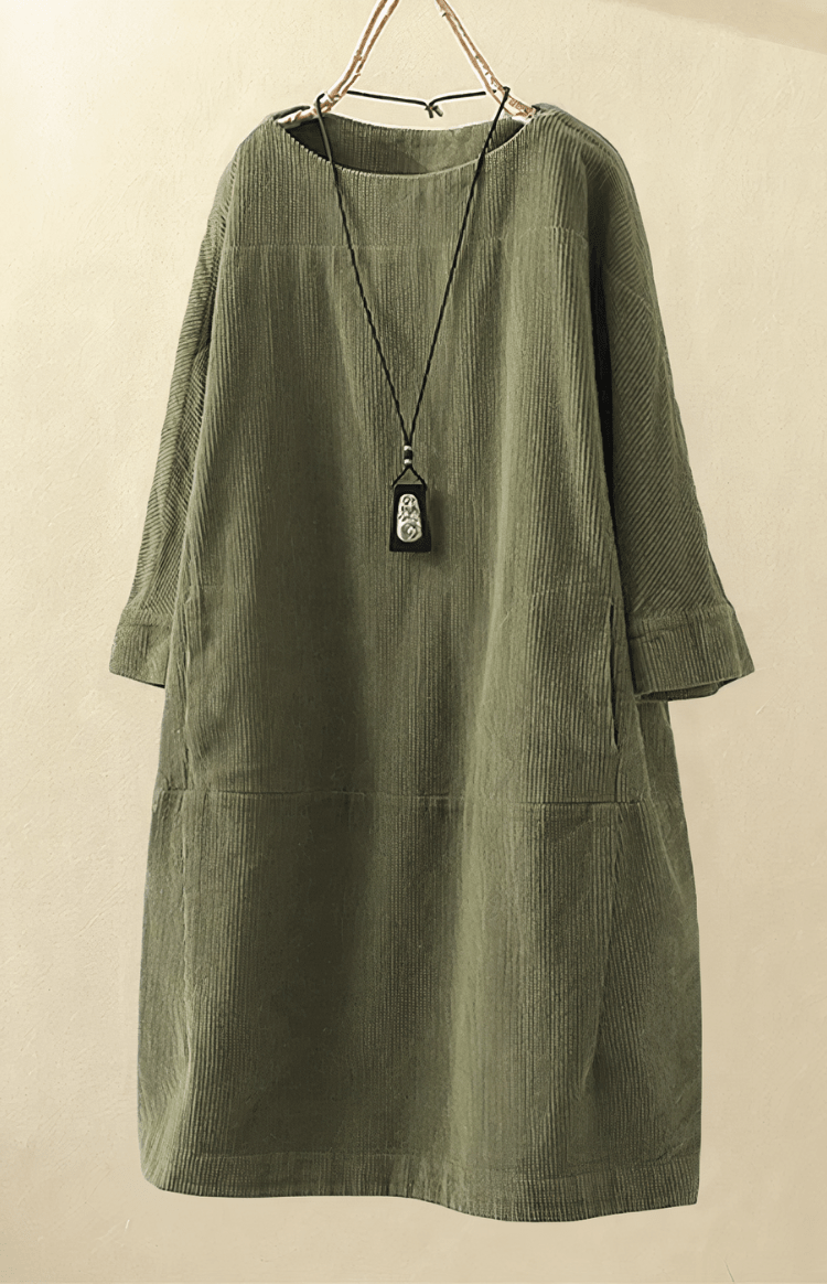 SOFTSTRIDE – Premium Corduroy Texture Midi Dress with Three-Quarter Length Sleeves